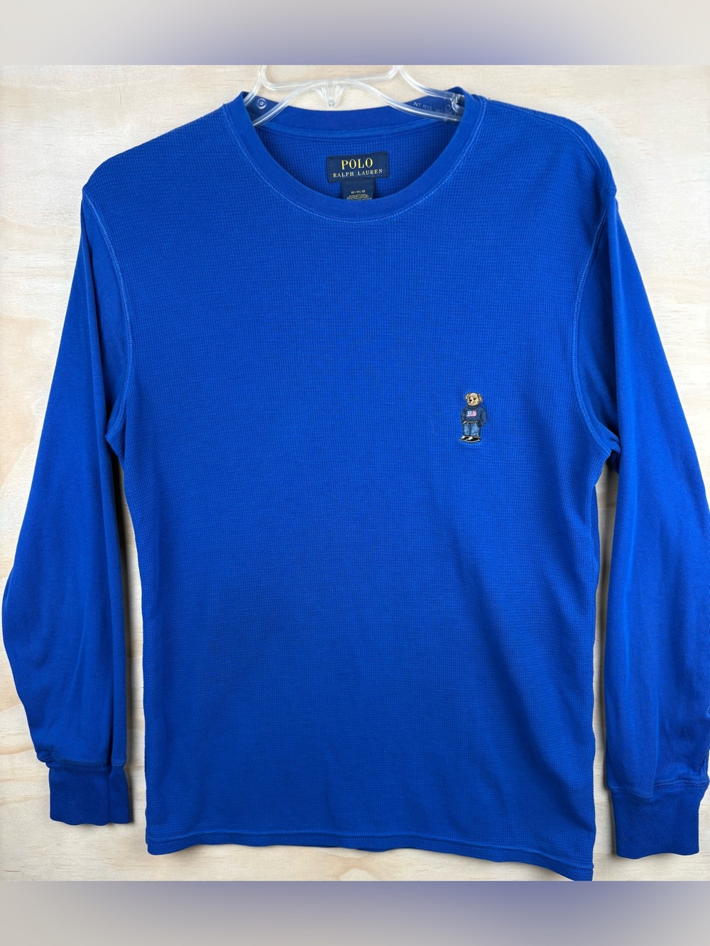 Polo Ralph Lauren Shirt Mens Medium Blue Waffle Knit Thermal Polo Bear USA Flag